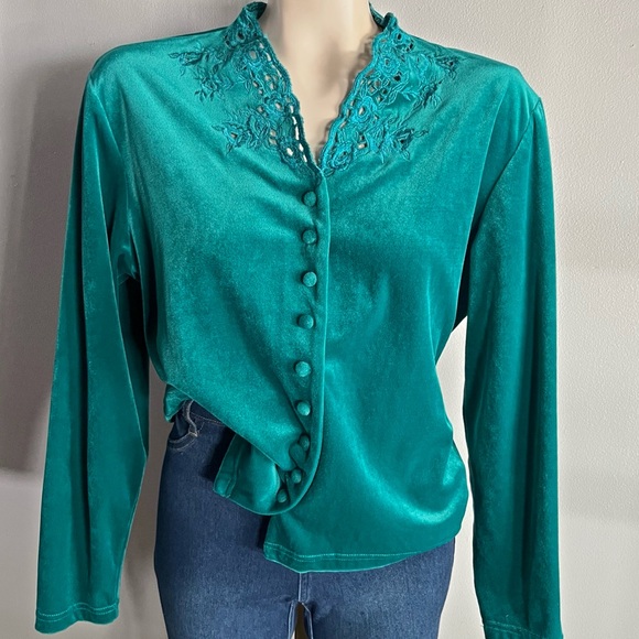 VINTAGE 90s Together Teal Velvet Blouse With lace Embroidery collared - Picture 1 of 10